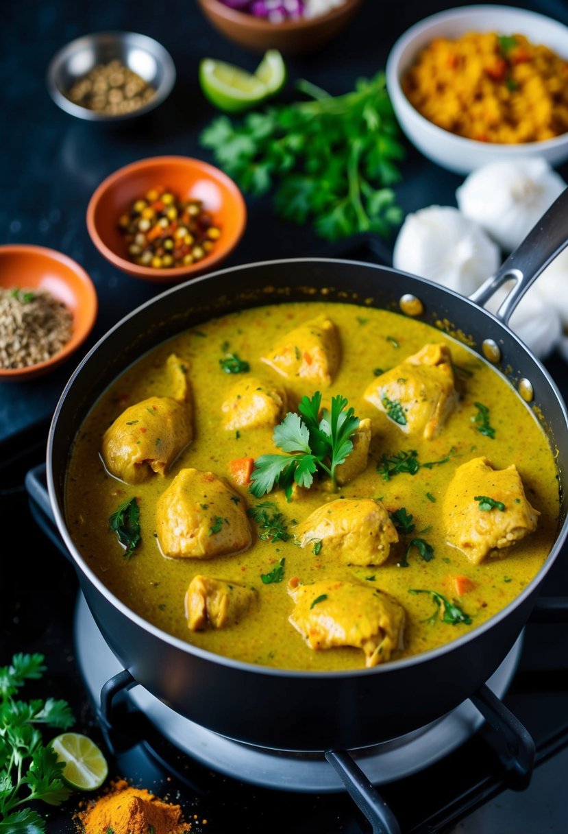 A bubbling pot of coconut curry chicken stew simmering on a stove, surrounded by vibrant Indian spices and herbs