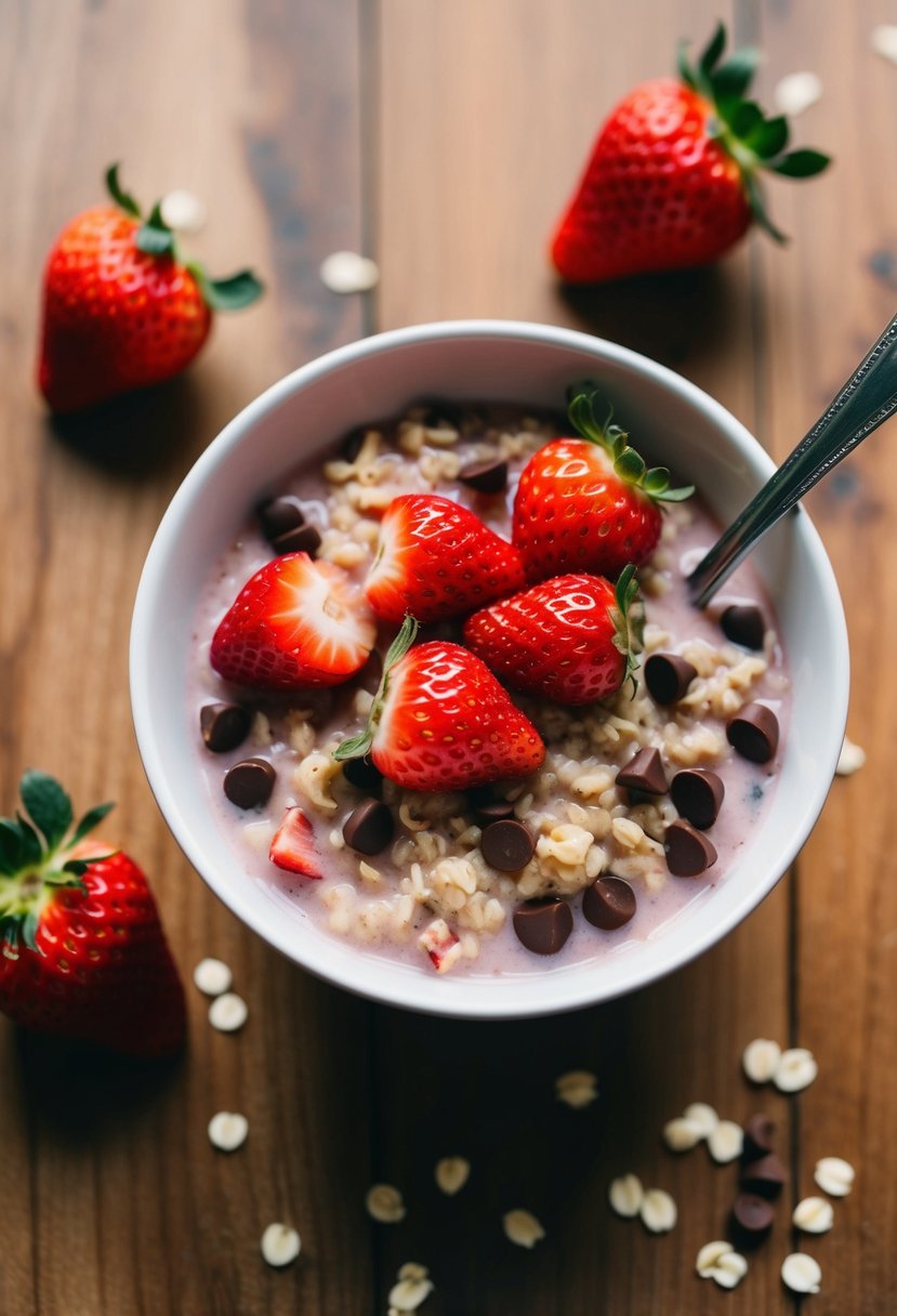 A bowl of strawberry chocolate chip oatmeal with fresh strawberries on a wooden table