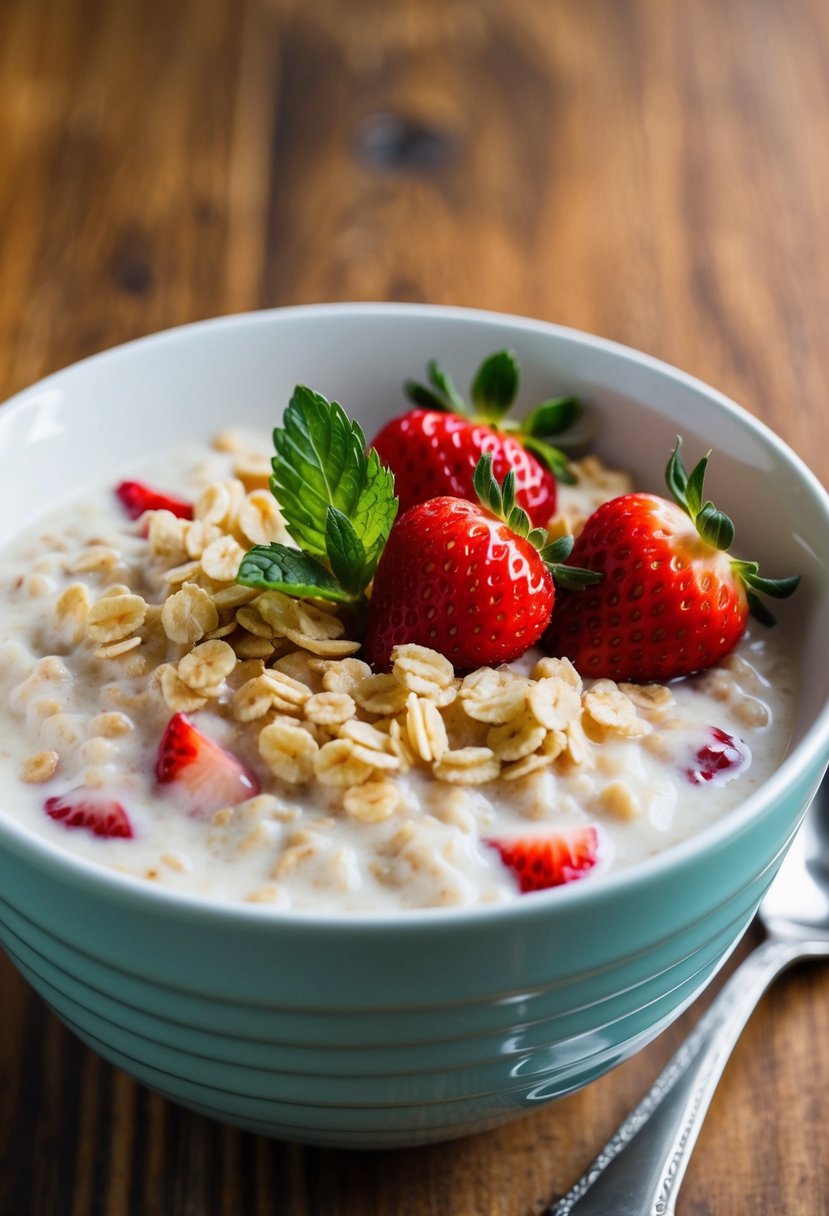 A bowl of creamy oatmeal topped with fresh strawberries and a sprig of mint on a wooden table