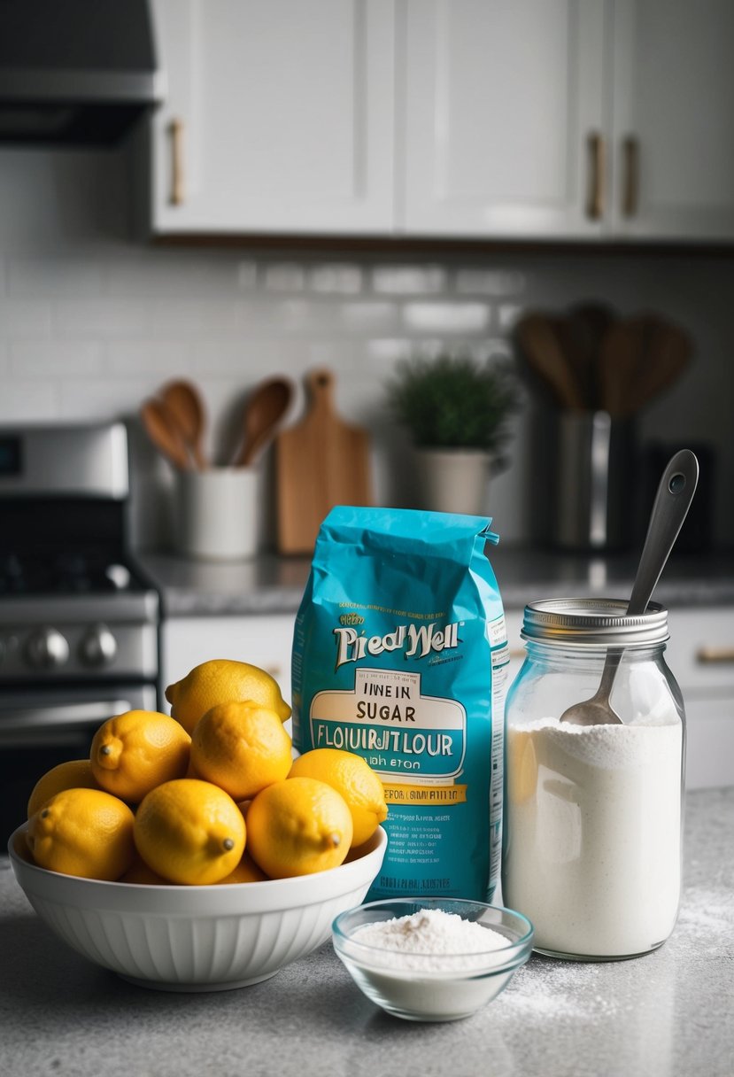 A bowl of lemons, a bag of flour, a jar of sugar, and a mixing spoon on a kitchen counter