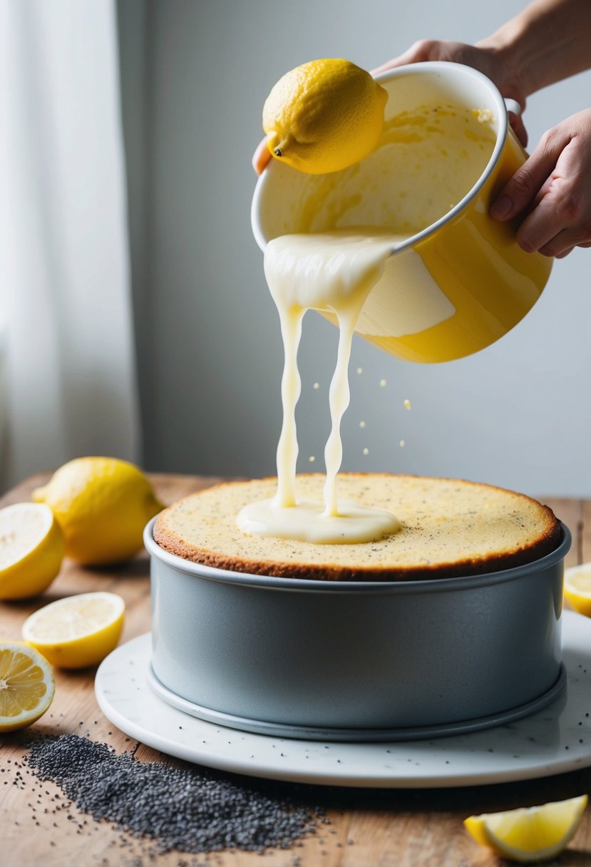 A lemon poppy seed cake being mixed and poured into a cake pan, with lemons and poppy seeds scattered on a wooden table