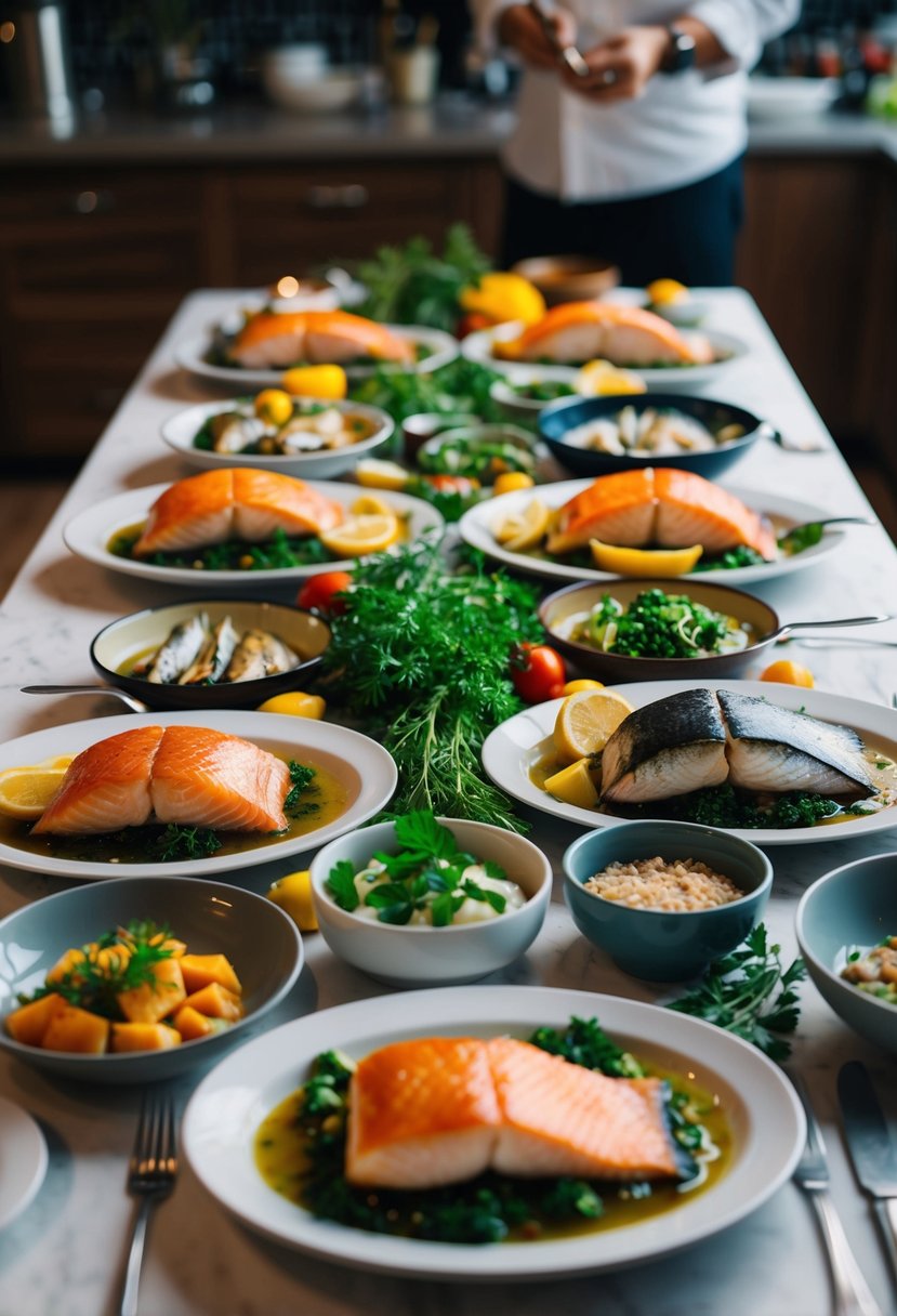 A table set with a variety of cooked fish dishes, surrounded by colorful ingredients and herbs