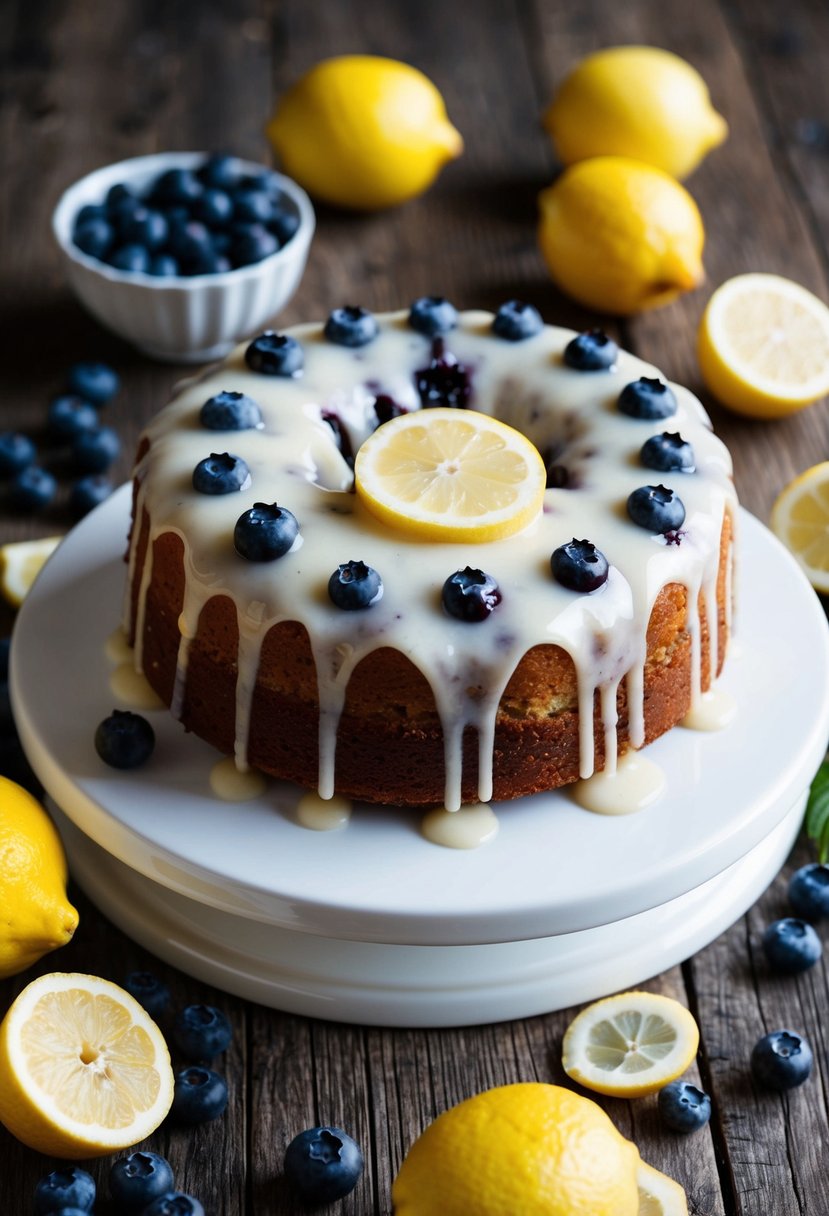 A lemon blueberry drizzle cake sits on a rustic wooden table, surrounded by fresh lemons and plump blueberries. A drizzle of glaze runs down the sides of the cake