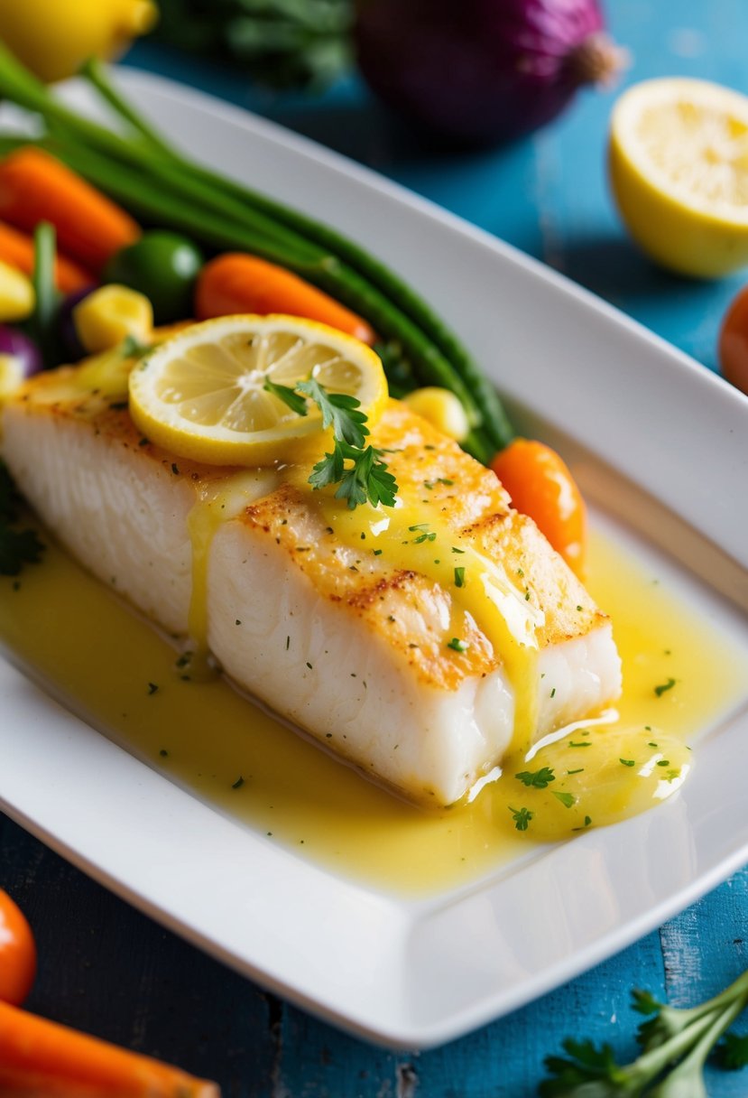 A sizzling cod fillet drizzled with lemon garlic butter on a white plate surrounded by colorful vegetables