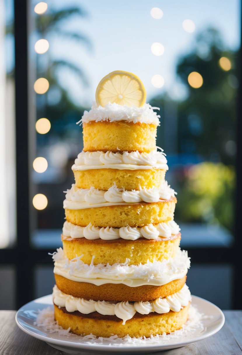 A tall, layered cake with yellow sponge and white frosting, topped with shredded coconut and a slice of lemon