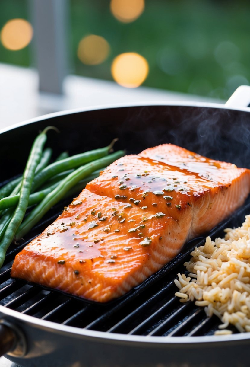 A salmon fillet coated in honey soy glaze sizzling on a hot grill. Green beans and rice sit on the side