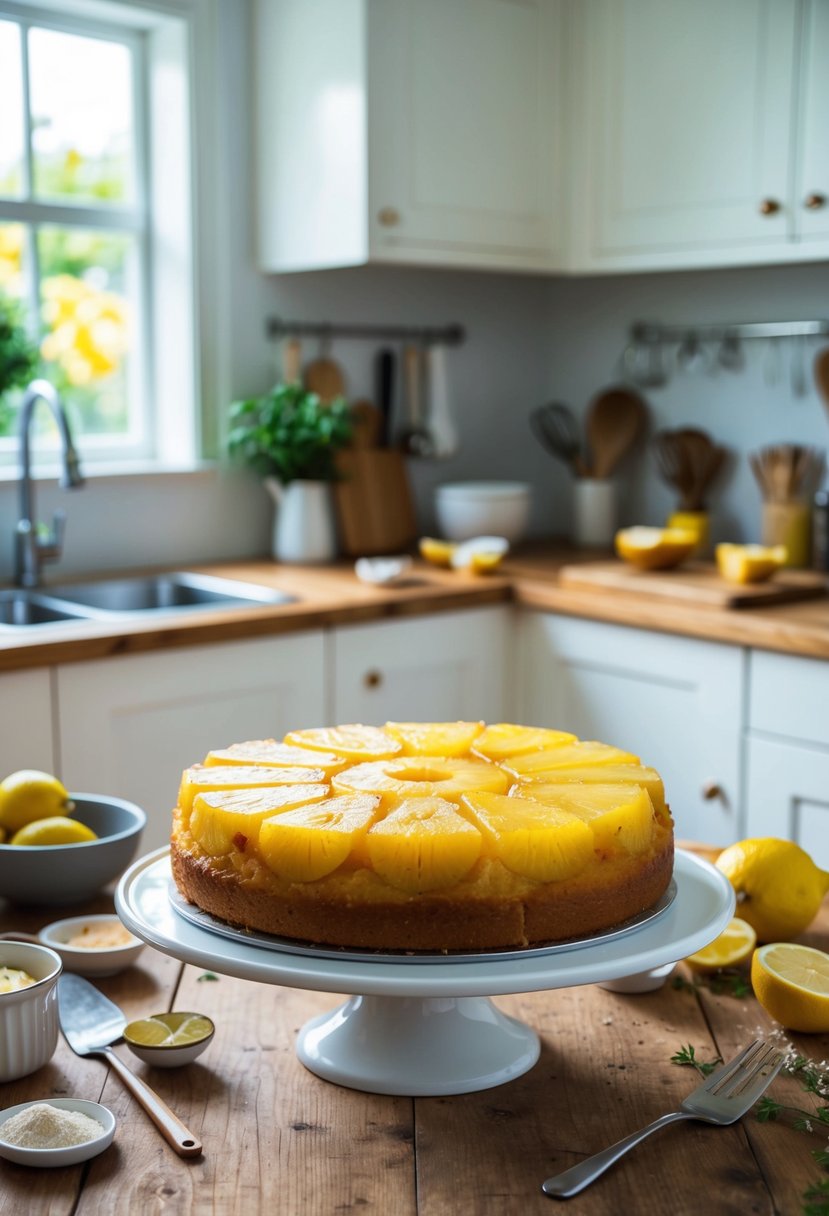 A bright kitchen with a rustic wooden table holding a freshly baked lemon pineapple upside-down cake, surrounded by scattered ingredients and utensils