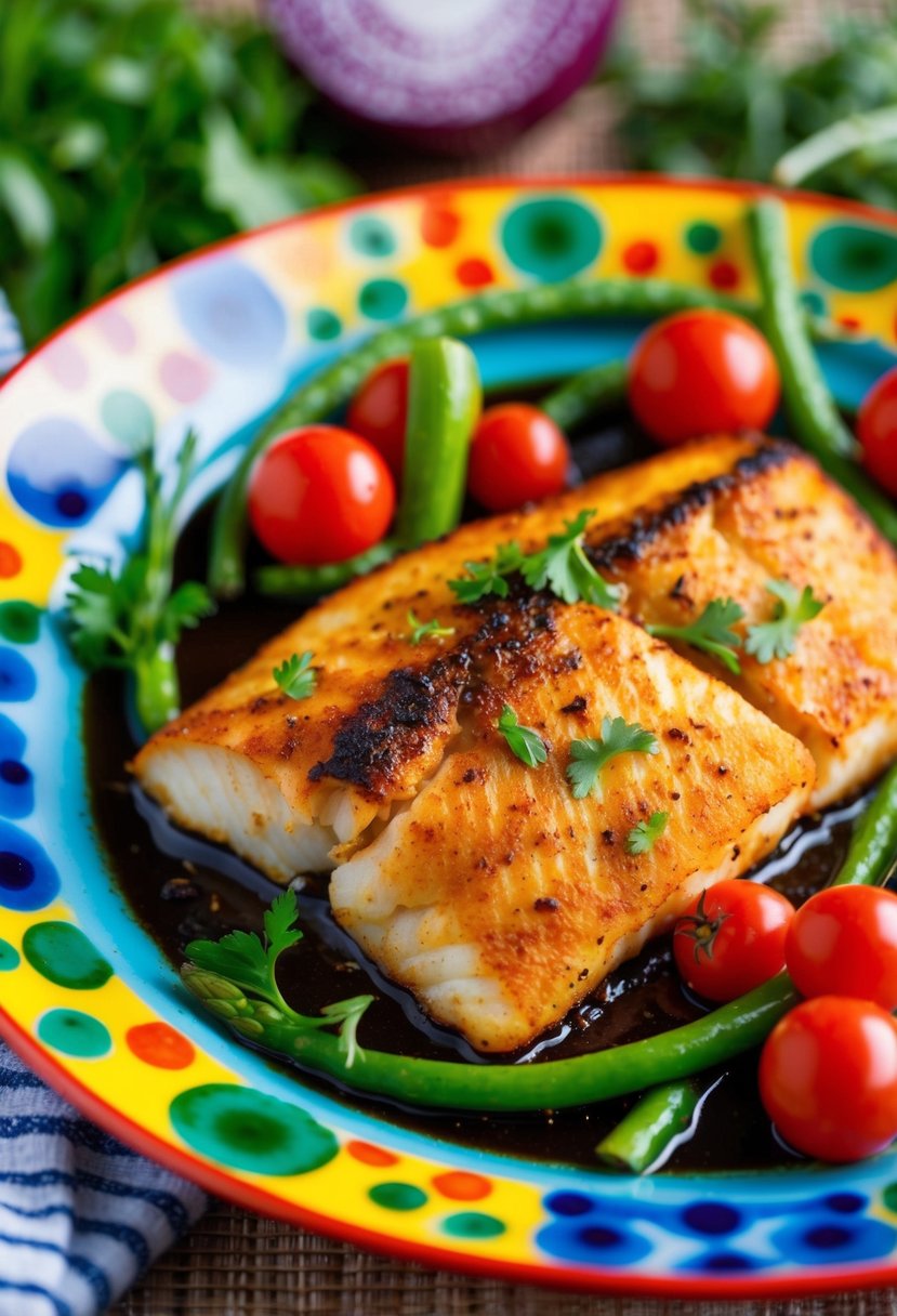 A sizzling Cajun Blackened Tilapia fillet on a colorful plate surrounded by vibrant vegetables and herbs