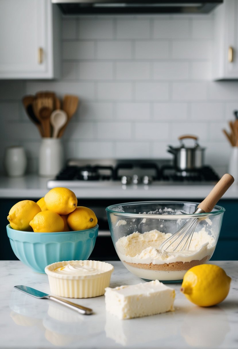 A kitchen counter with a mixing bowl, lemon cake mix, cream cheese, and lemons