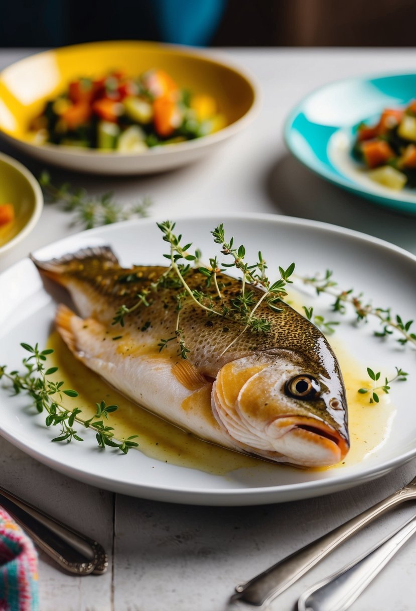 A golden-brown baked trout with sprigs of thyme, served on a white plate with colorful side dishes