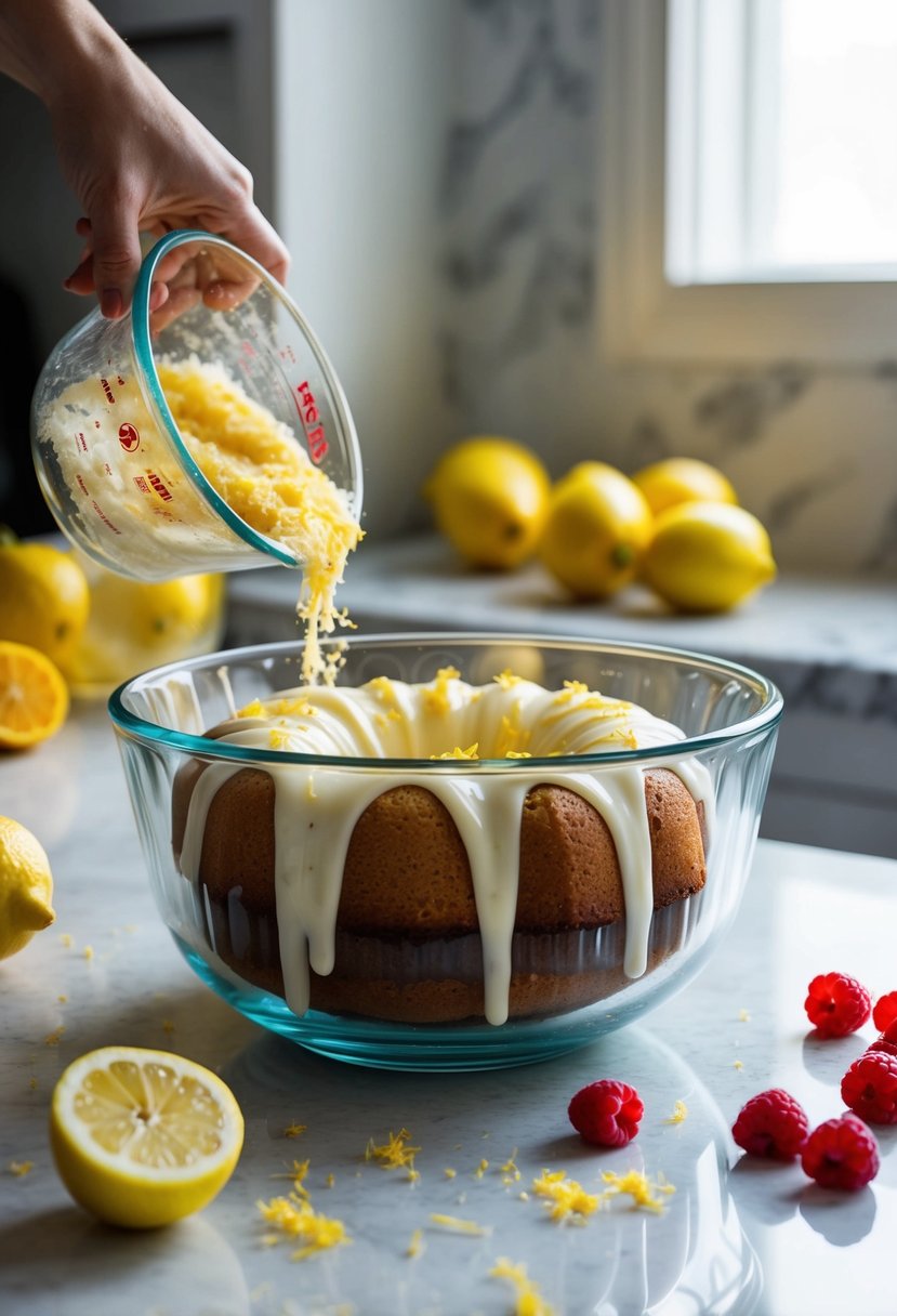 A lemon raspberry bundt cake being mixed in a glass bowl with fresh raspberries and lemon zest scattered on the counter