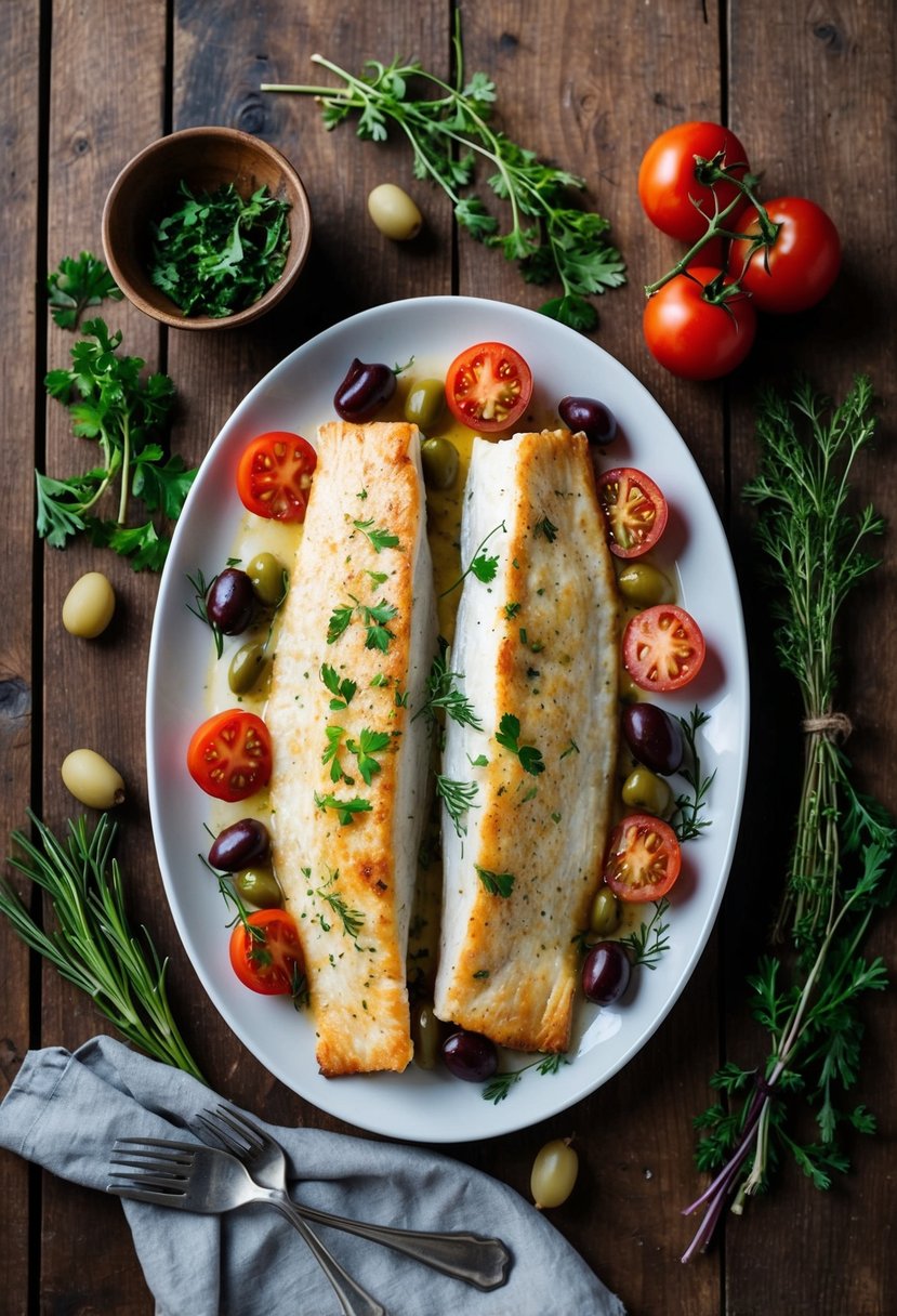 A platter of baked haddock surrounded by Mediterranean ingredients like tomatoes, olives, and fresh herbs, set on a rustic wooden table