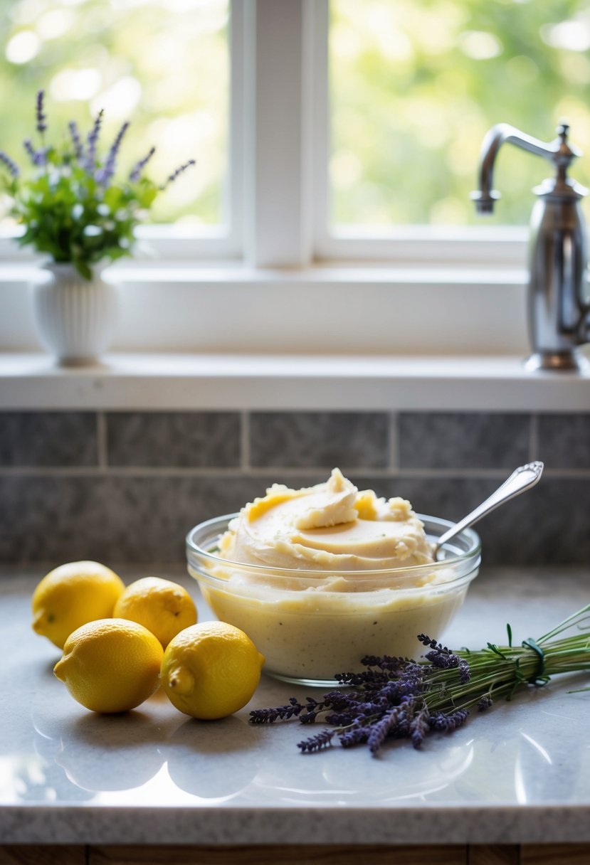 A kitchen counter with ingredients for lemon lavender pound cake, including a bowl of batter, lemons, and a sprig of lavender