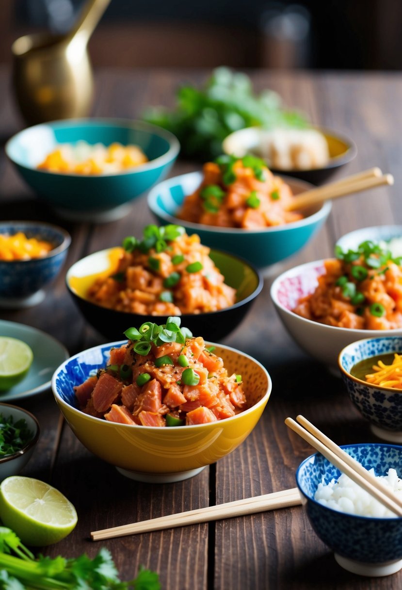 A wooden table set with colorful bowls of spicy tuna poke, surrounded by fresh ingredients and chopsticks