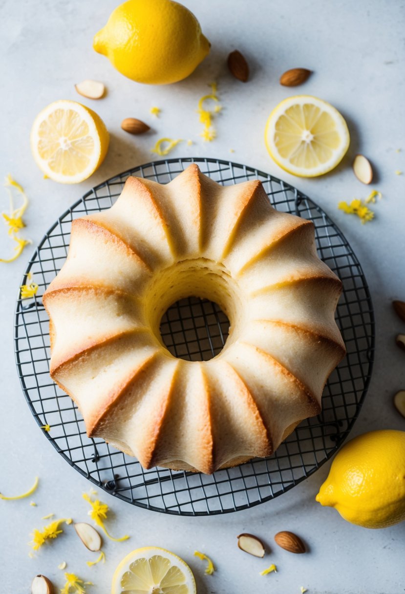 A freshly baked lemon almond flour cake cooling on a wire rack, surrounded by scattered lemon zest and sliced almonds