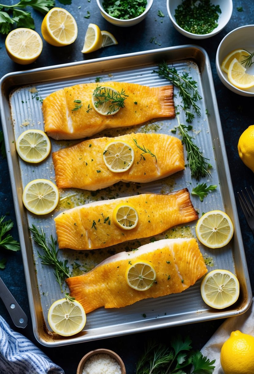 Golden catfish fillets on a baking tray with lemon slices and herbs, surrounded by fresh ingredients and kitchen utensils