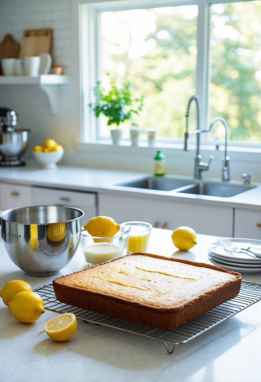 A bright kitchen with a mixing bowl, measuring cups, lemons, buttermilk, and a freshly baked sheet cake on a cooling rack