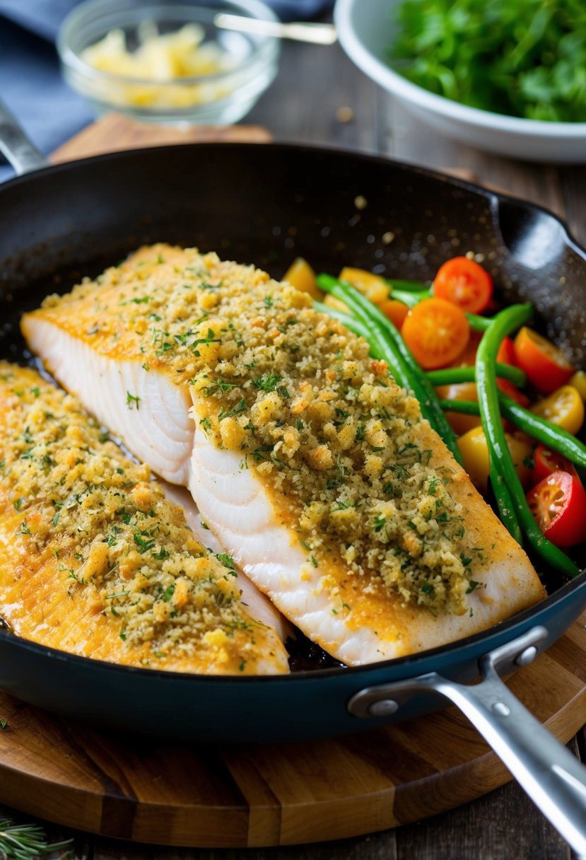 A golden-brown Mahi Mahi fillet is coated in a fragrant herb crust, sizzling in a skillet. A side of vibrant vegetables completes the mouthwatering dinner scene