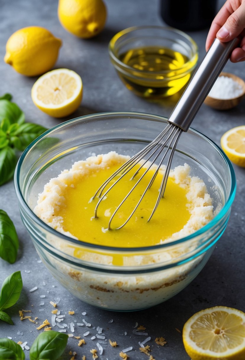 A fresh lemon, basil, and olive oil cake being mixed in a bowl with ingredients scattered around