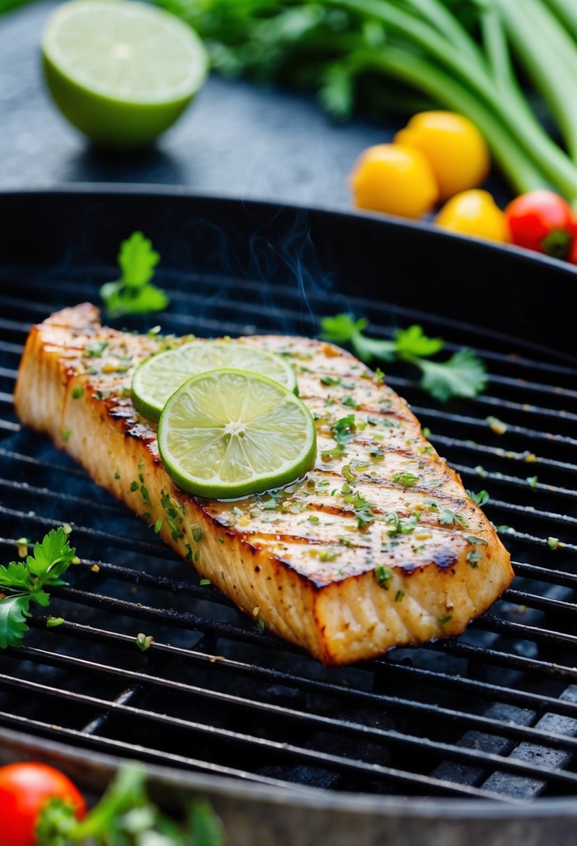 A swordfish steak sizzling on a grill, coated in a zesty ginger lime marinade, surrounded by colorful vegetables and herbs