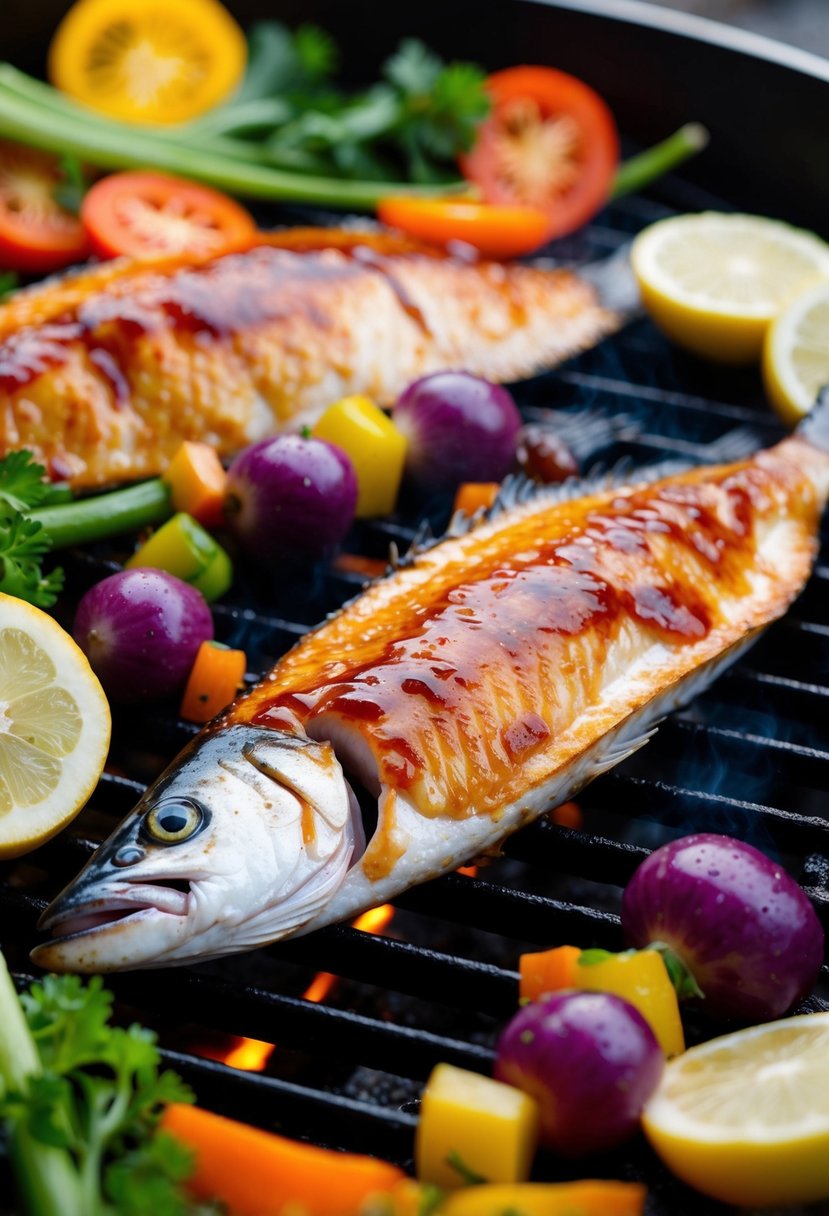 A mackerel fillet sizzling on a hot grill, glazed with teriyaki sauce and surrounded by colorful vegetables