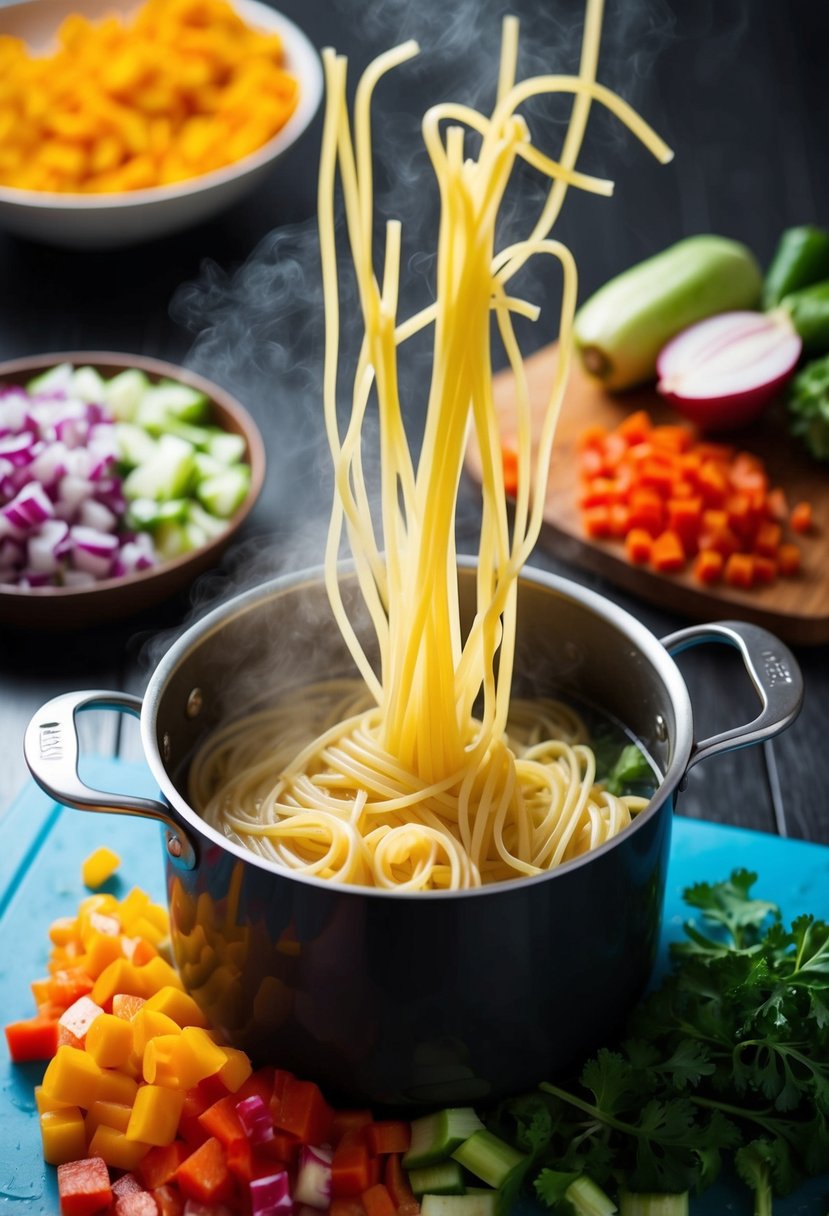 A pot of boiling pasta surrounded by colorful chopped vegetables on a cutting board