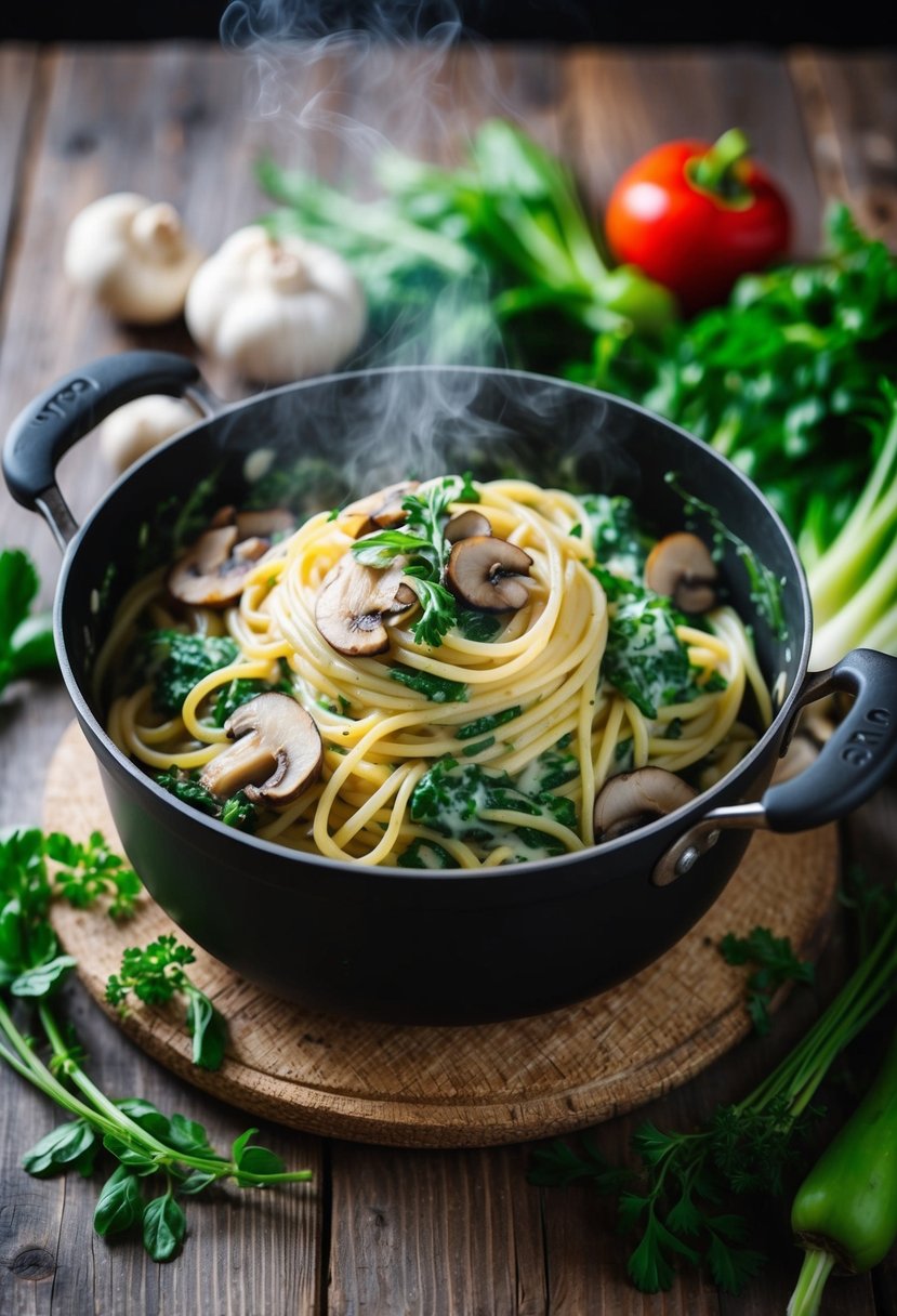 A steaming pot of creamy spinach and mushroom pasta on a rustic wooden table, surrounded by fresh vegetables and herbs