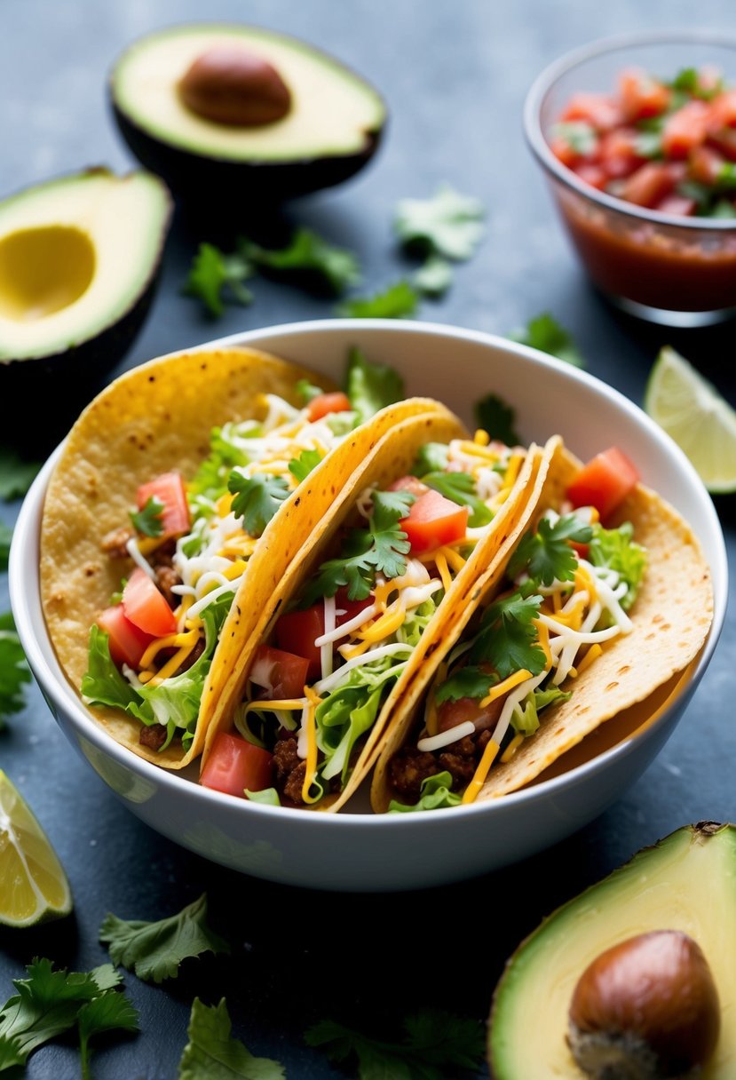 A bowl of tacos filled with shredded lettuce, tomatoes, and cheese, surrounded by various ingredients like avocados and salsa