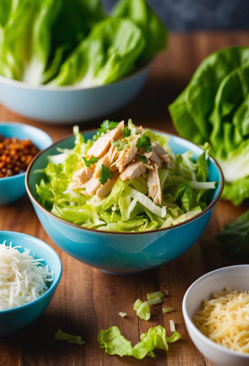 A bowl of shredded lettuce surrounded by ingredients for chicken lettuce wraps