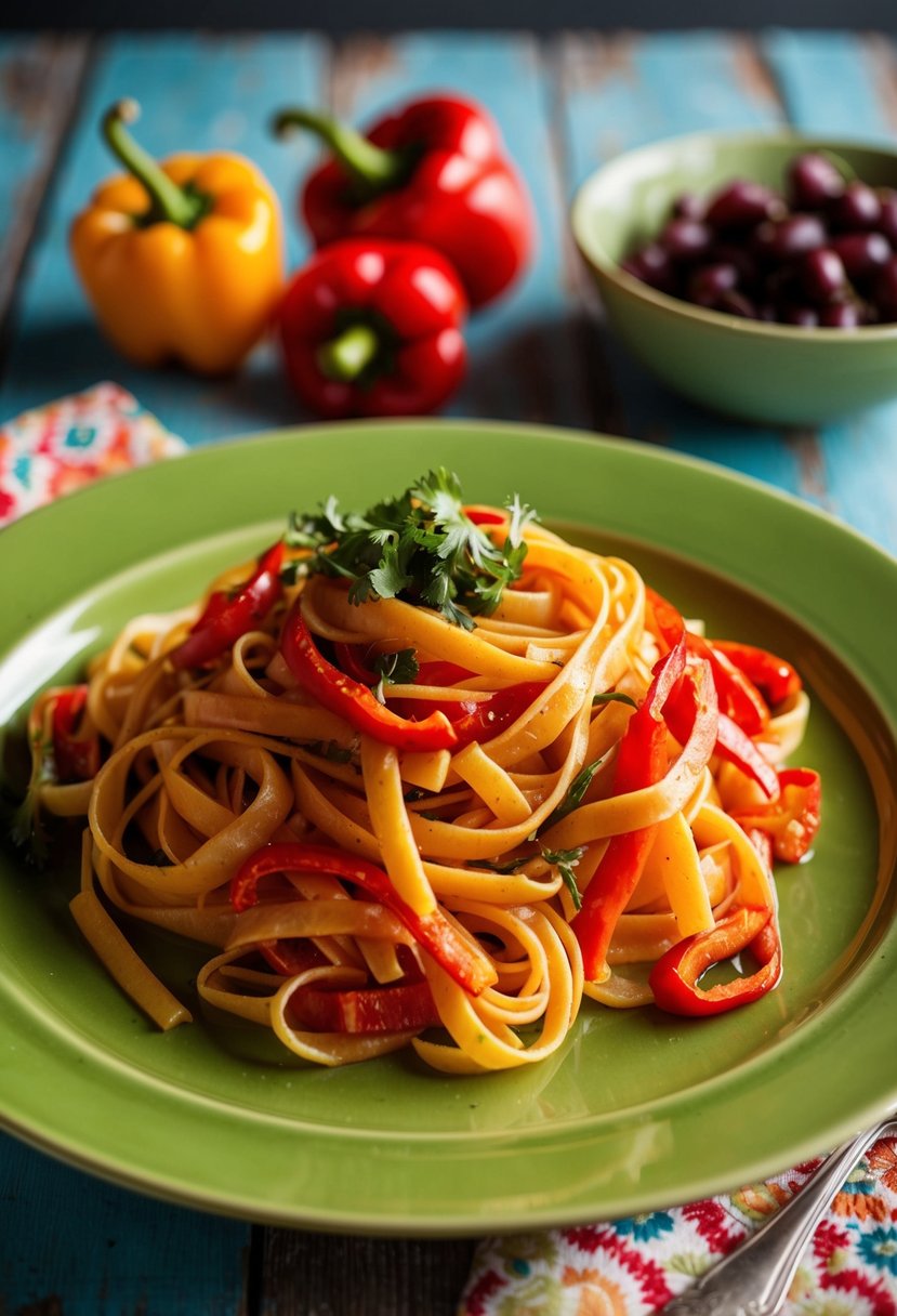 A colorful plate of roasted red pepper linguine with assorted vegetables