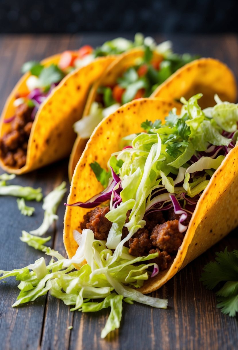 A colorful array of taco ingredients, with vibrant shredded lettuce spilling out of the crispy shells