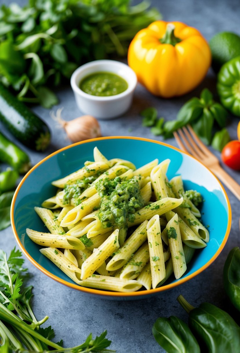 A colorful bowl of penne pasta with zucchini and basil pesto, surrounded by fresh vegetables and herbs