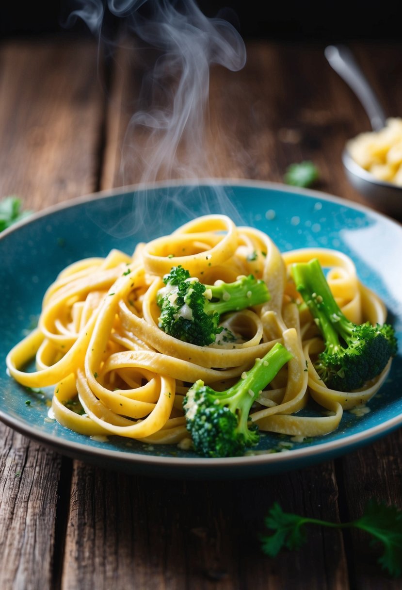 A steaming plate of fettucine pasta with broccoli, coated in a rich garlic butter sauce, sits on a rustic wooden table