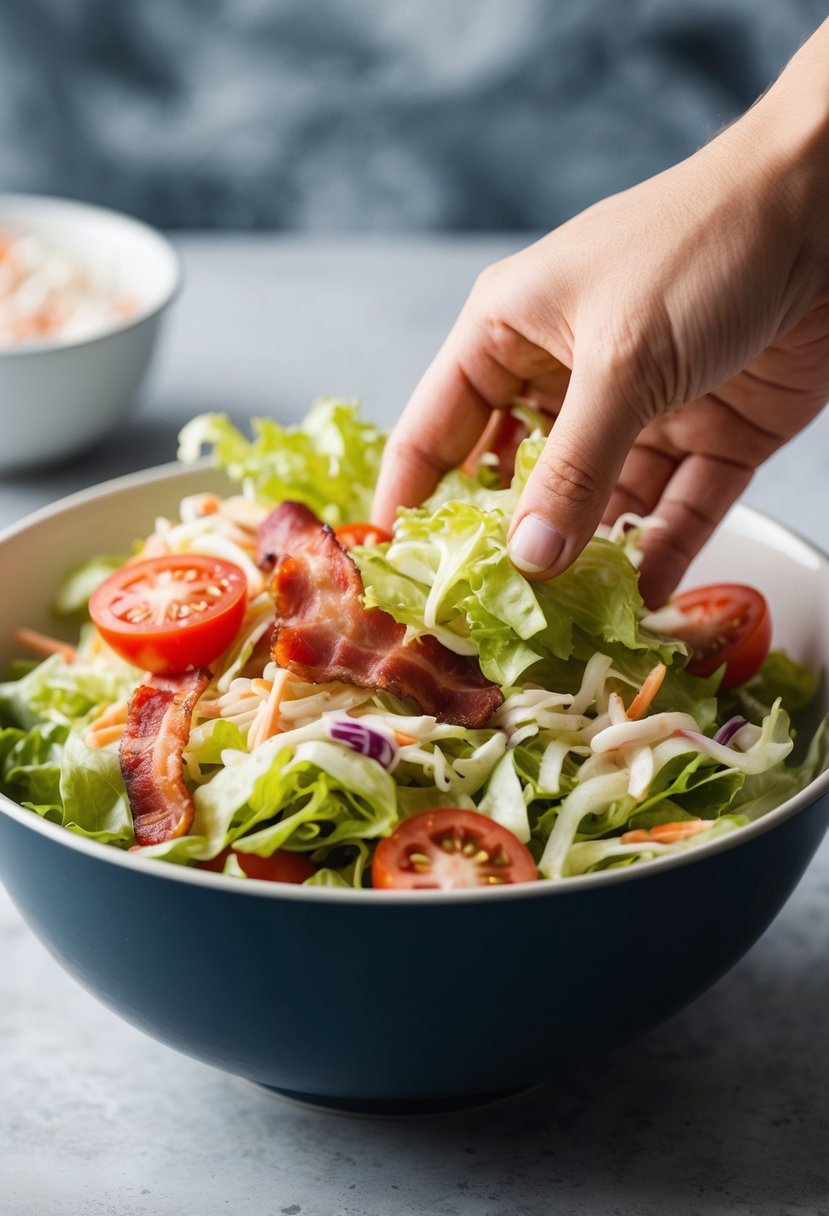 A hand tossing shredded lettuce with bacon, tomatoes, and coleslaw dressing in a bowl