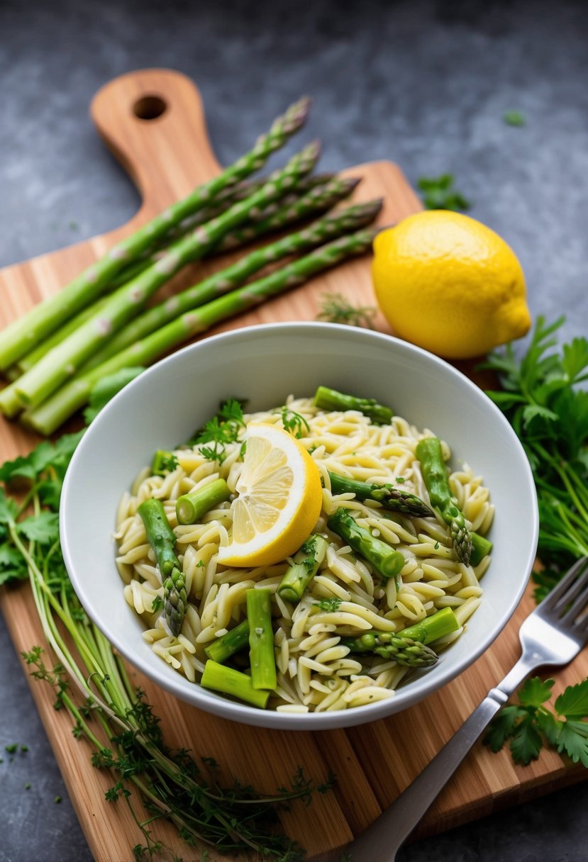 A bowl of Lemon Asparagus Orzo pasta surrounded by fresh vegetables and herbs on a wooden cutting board