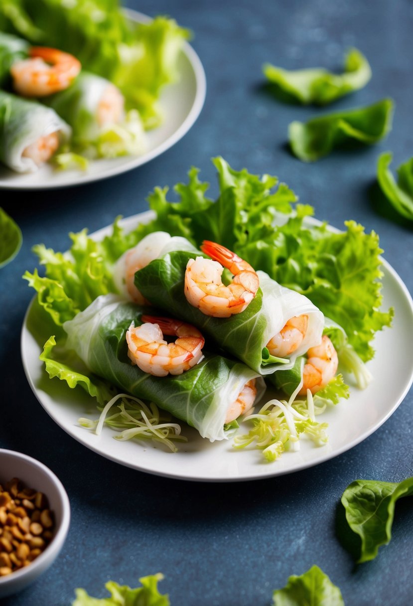 A plate of Vietnamese shrimp lettuce rolls surrounded by shredded lettuce