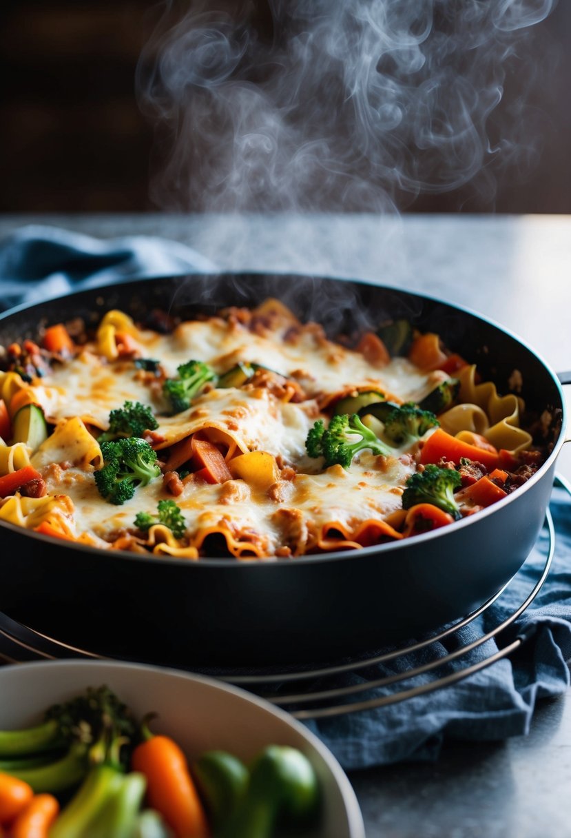 A steaming pan of roasted vegetable lasagna, with layers of colorful vegetables, pasta, and bubbling cheese, fresh from the oven