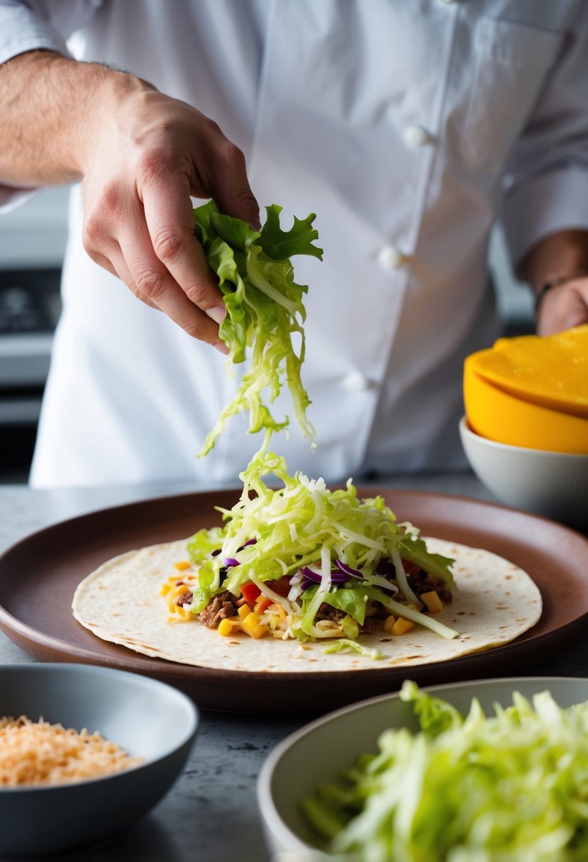 A chef sprinkles shredded lettuce onto a tortilla, adding colorful ingredients for Southwest Lettuce Burritos