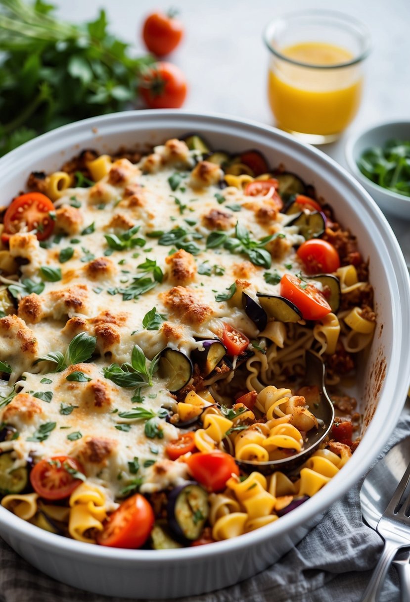 A bubbling casserole dish filled with layers of eggplant, tomato, and pasta, topped with melted cheese and fresh herbs