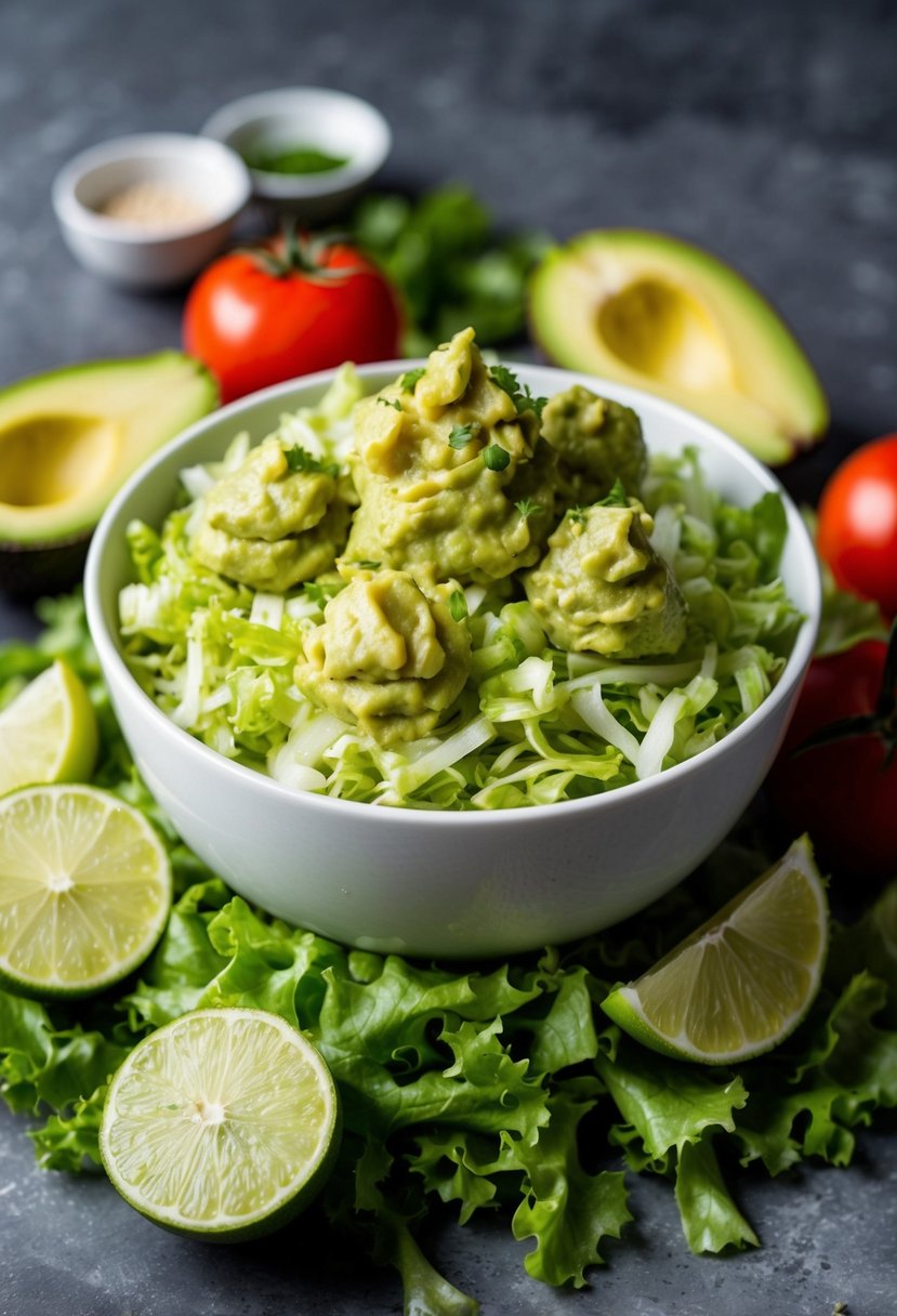 A bowl of shredded lettuce topped with dollops of guacamole, surrounded by fresh avocado, tomatoes, and lime wedges