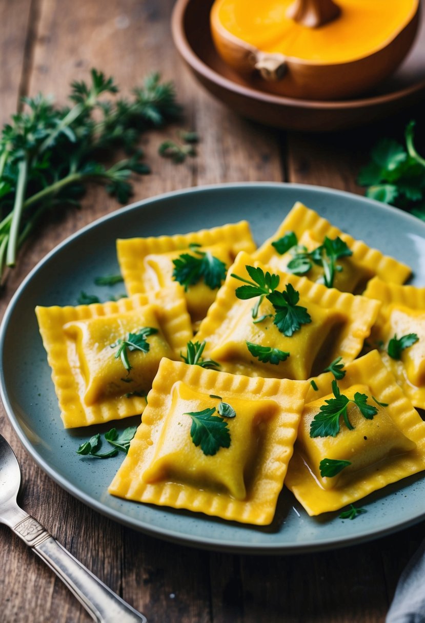 A plate of butternut squash ravioli with fresh herbs and vegetables on a rustic wooden table