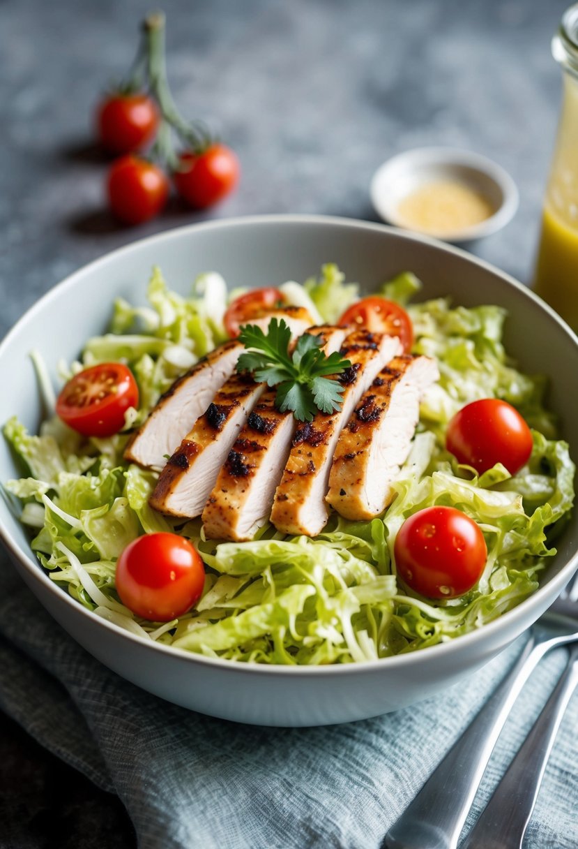 A bowl of shredded lettuce topped with grilled chicken, cherry tomatoes, and a light vinaigrette dressing