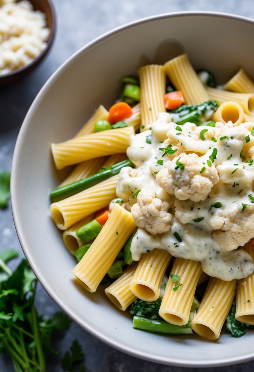 A bowl of rigatoni pasta topped with creamy cauliflower alfredo sauce and mixed vegetables