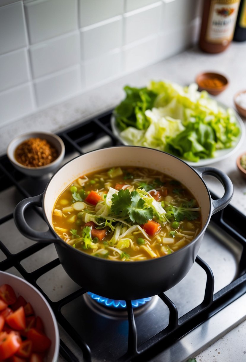 A pot simmering on a stove, filled with Mexican Lettuce Cup Soup. Shredded lettuce, tomatoes, and spices scattered on the counter