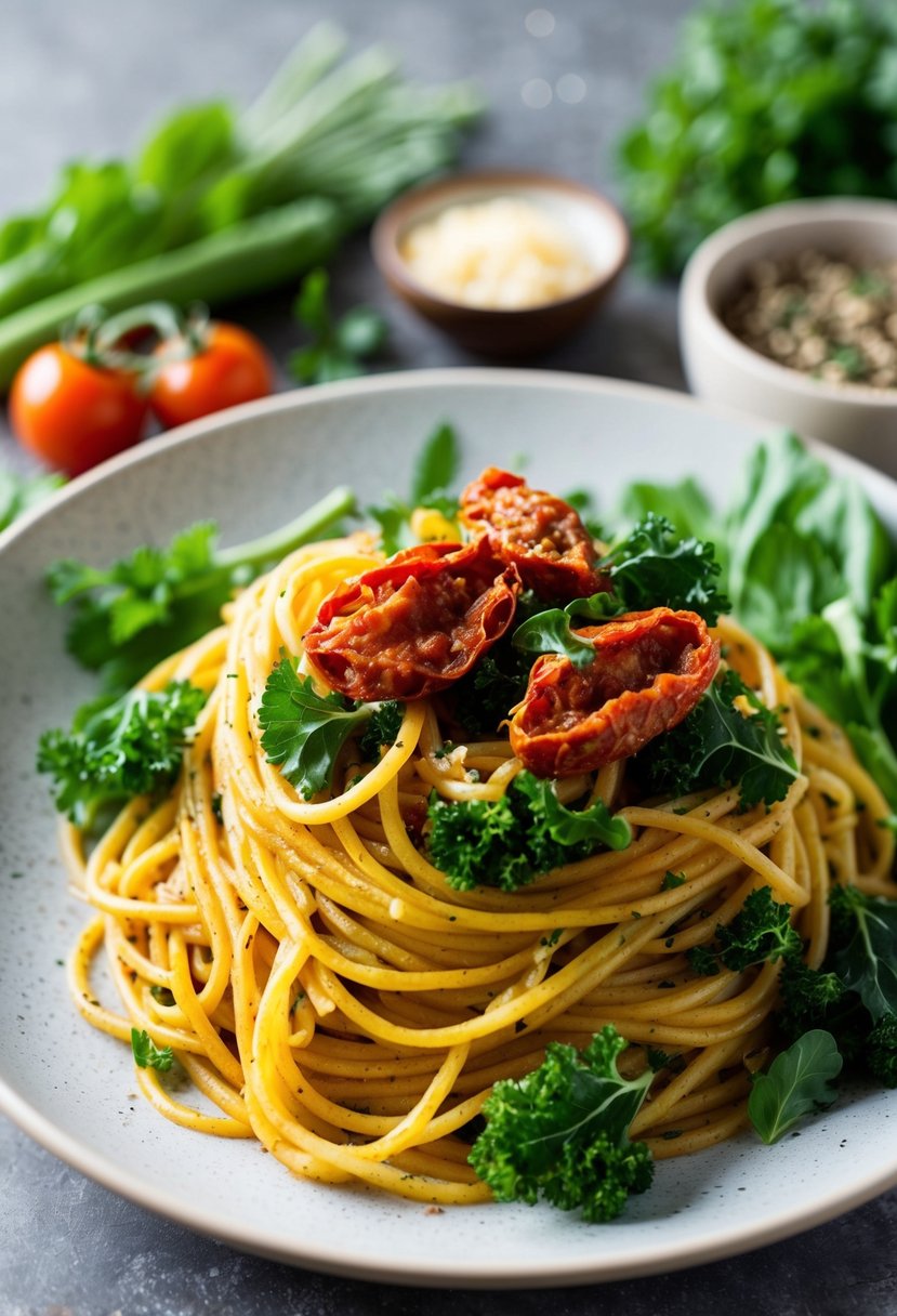 A steaming plate of sun-dried tomato and kale spaghetti, surrounded by fresh vegetables and herbs