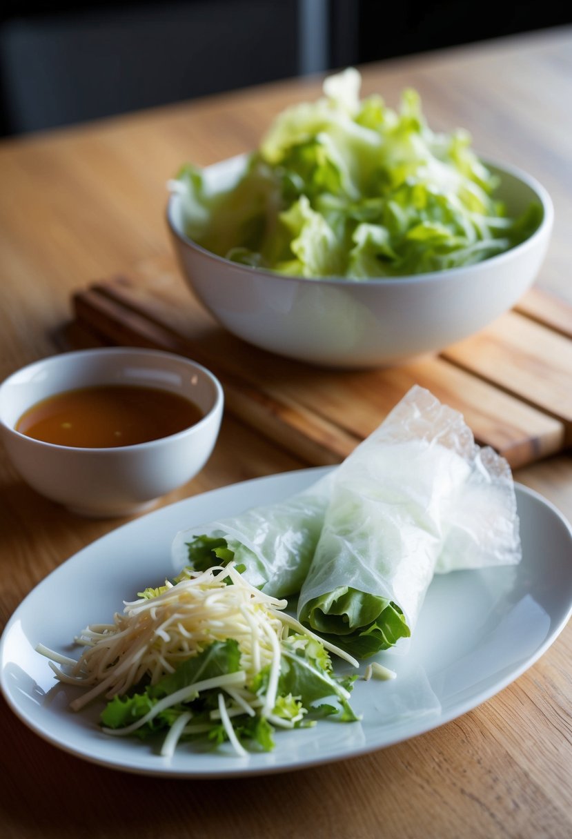 A table with ingredients: shredded lettuce, rice paper, and a bowl of dipping sauce