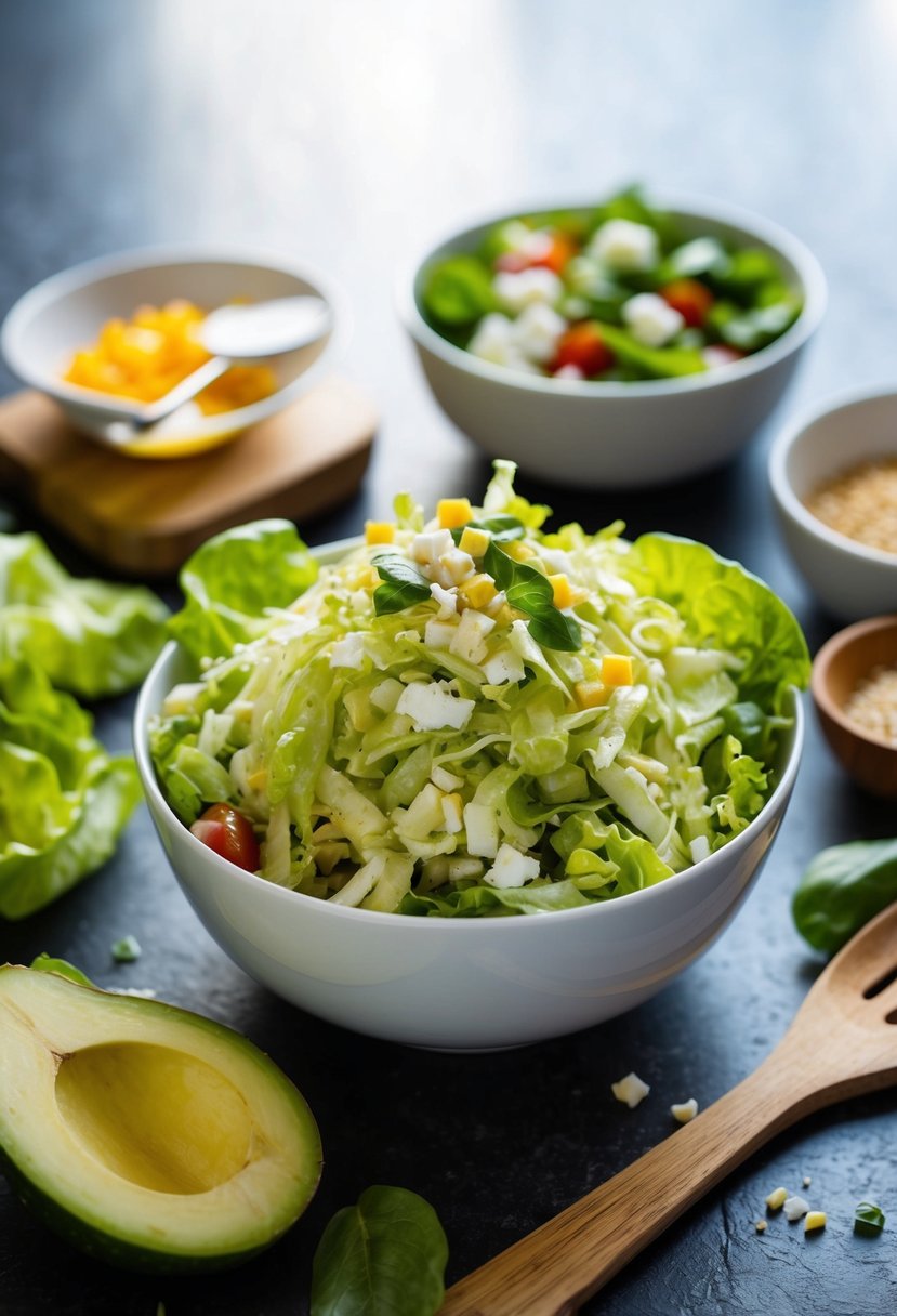 A bowl of shredded lettuce surrounded by ingredients for Greek lettuce salad wraps