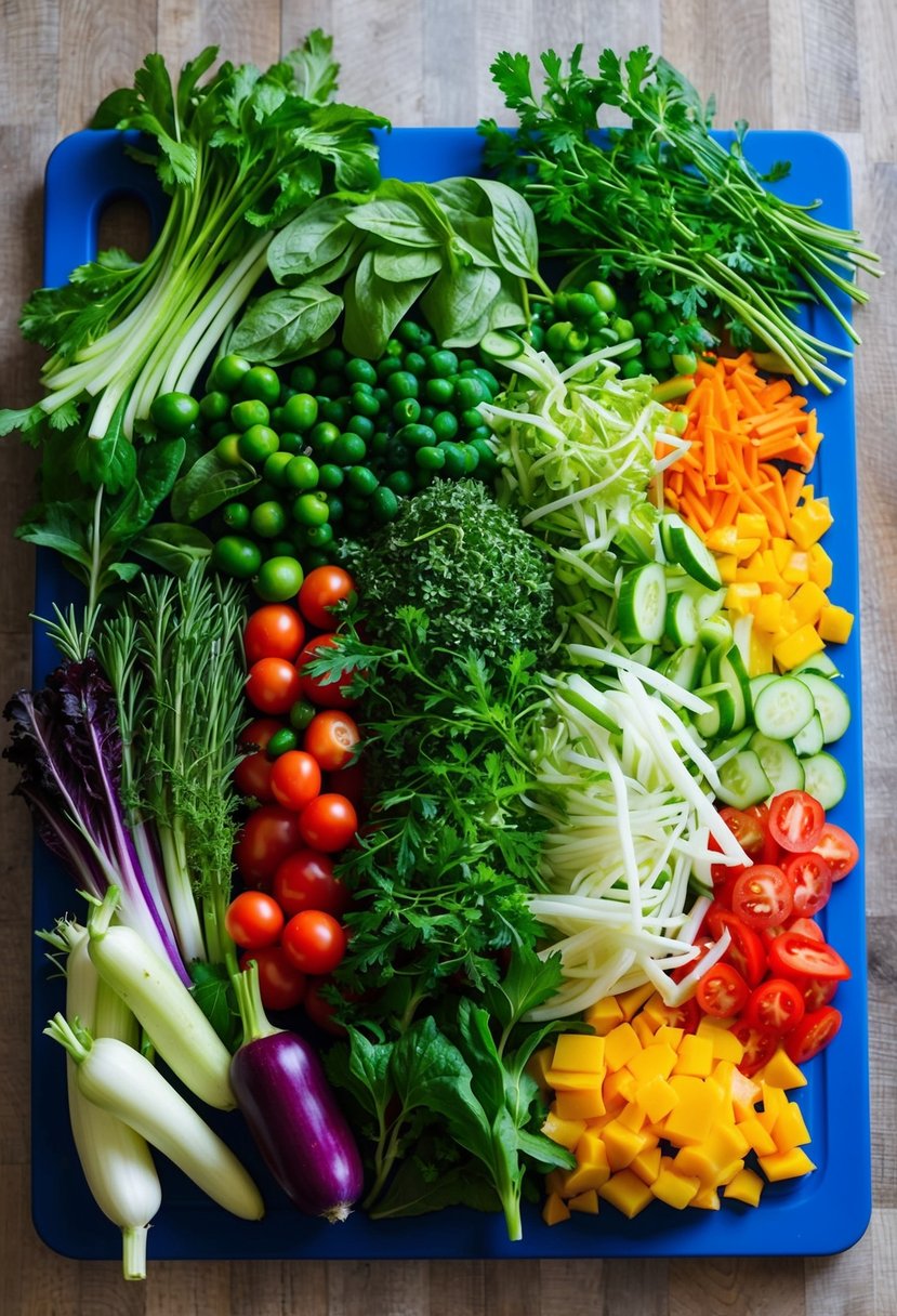 A colorful array of fresh vegetables and herbs arranged on a cutting board, ready to be sliced and tossed for a julienne salad