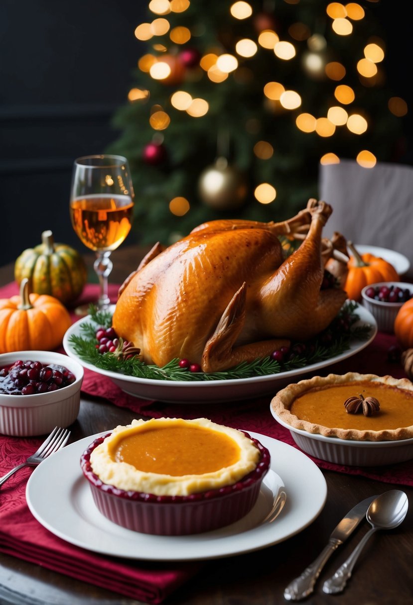 A festive table set with a roasted turkey, mashed potatoes, cranberry sauce, and pumpkin pie