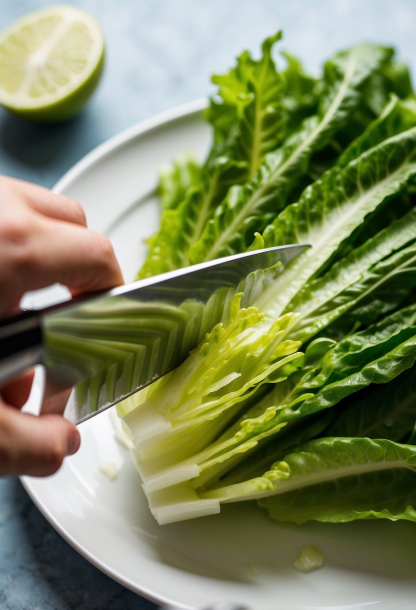 Fresh romaine lettuce being chopped into thin strips for a salad